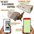 Nationwide shipping graphic with crated hardwood delivery and tracking visuals; supports Brown Balau and hardwood T&G orders.