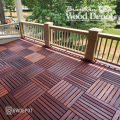 Red Balau Deck Tiles installed on balcony with railing; modular hardwood deck tiles
