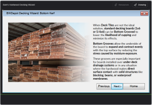 Decking Wizard Bottom Kerf & Grooving Recommendation Screen BWDepot Decking Wizard bottom kerf recommendation screen explaining bottom grooving to reduce cupping in restricted airflow deck applications.