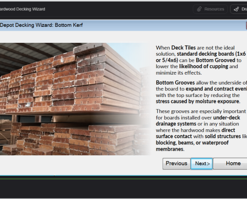Decking Wizard Bottom Kerf & Grooving Recommendation Screen BWDepot Decking Wizard bottom kerf recommendation screen explaining bottom grooving to reduce cupping in restricted airflow deck applications.