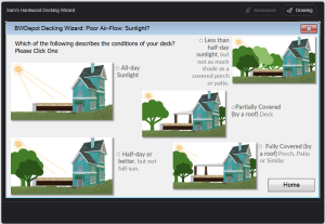 Decking Wizard Sunlight & Weather Exposure Input Screen BWDepot Decking Wizard sunlight input screen showing options for all-day sun, half-day sun, partial roof cover, and fully covered deck conditions.
