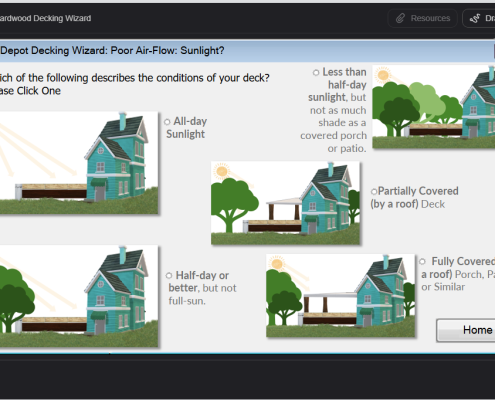 Decking Wizard Sunlight & Weather Exposure Input Screen BWDepot Decking Wizard sunlight input screen showing options for all-day sun, half-day sun, partial roof cover, and fully covered deck conditions.