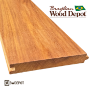 Garapa 1x6 tongue and groove board close-up showing garapa T&G profile for soffit, porch ceiling, and garapa cladding applications