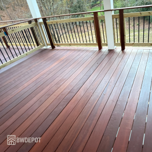 Covered porch floor built with Massaranduba decking 1x6 boards showing subtle grain and uniform color.