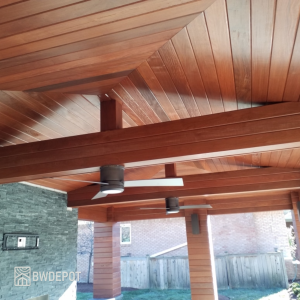 Massaranduba hardwood ceiling and structural beams installed in covered outdoor pavilion.