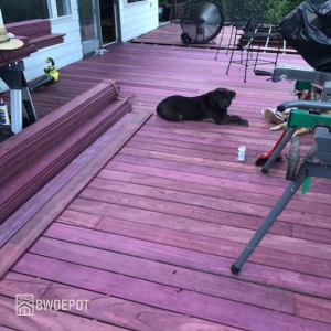 Freshly installed Purpleheart decking boards with vibrant purple tones and visible grain patterns.