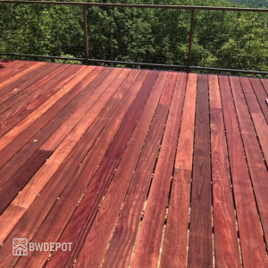 Purpleheart hardwood decking in full sun exposure with rich red and purple tones across wide deck boards.