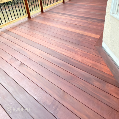 Massaranduba decking 1x6 boards installed on a residential deck showing subtle natural variation.
