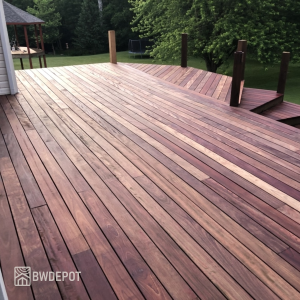 Expansive backyard deck built with Purpleheart decking boards showing natural grain variation and weathered tones.