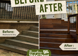 Before and after Ipe deck maintenance showing cleaning and oiling results