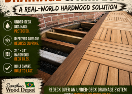 Hardwood deck detail showing drainage clearance and airflow beneath Garapa deck tiles and Ipe perimeter boards
