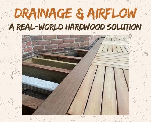 Hardwood deck detail showing drainage clearance and airflow beneath Garapa deck tiles and Ipe perimeter boards