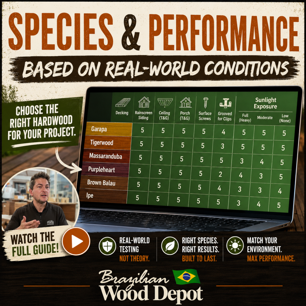 Comparison chart showing how Brazilian hardwood species like Ipe, Cumaru, Tigerwood, and Garapa perform in different exterior conditions and sunlight exposures.