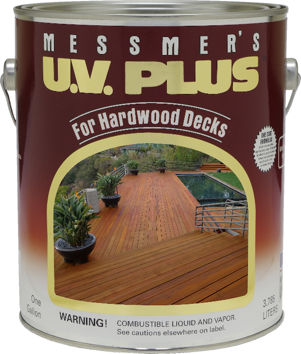 Messmer’s UV Plus Natural for Hardwood Decks exterior wood stain in one-gallon metal can for tropical hardwood decking protection