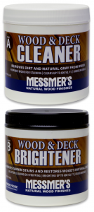 Messmer’s Part A Wood and Deck Cleaner and Part B Wood and Deck Brightener containers for hardwood deck restoration