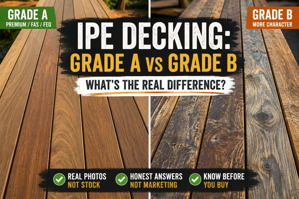 Side-by-side comparison of Grade A and Grade B Ipe decking boards showing differences in grain consistency, character, knots, rough grain, and natural hardwood variation using real photos of premium and economical Ipe decking.
