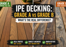 Side-by-side comparison of Grade A and Grade B Ipe decking boards showing differences in grain consistency, character, knots, rough grain, and natural hardwood variation using real photos of premium and economical Ipe decking.