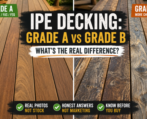 Side-by-side comparison of Grade A and Grade B Ipe decking boards showing differences in grain consistency, character, knots, rough grain, and natural hardwood variation using real photos of premium and economical Ipe decking.