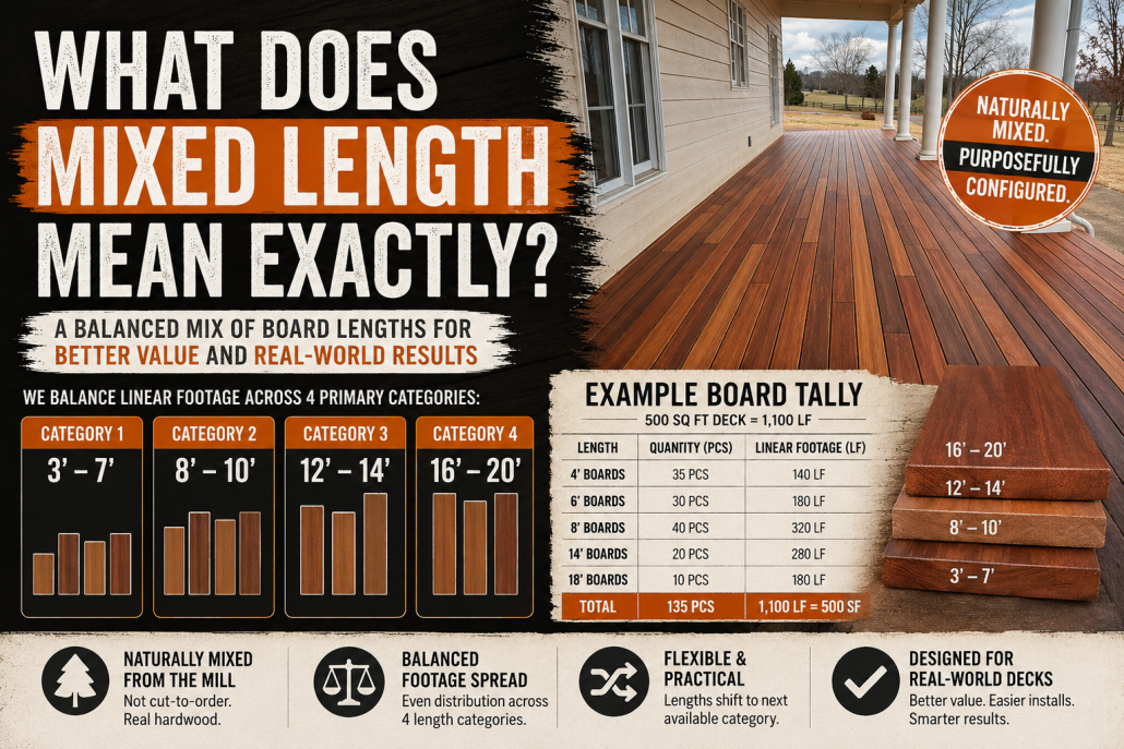 Infographic-style featured image explaining mixed-length hardwood decking with example board tallies, length categories, and a real hardwood porch installation.