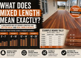 Infographic-style featured image explaining mixed-length hardwood decking with example board tallies, length categories, and a real hardwood porch installation.