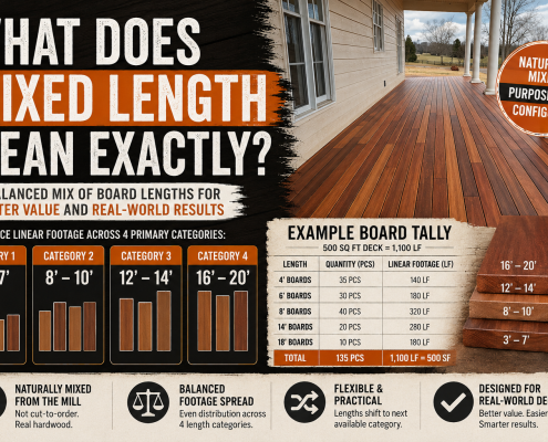 Infographic-style featured image explaining mixed-length hardwood decking with example board tallies, length categories, and a real hardwood porch installation.