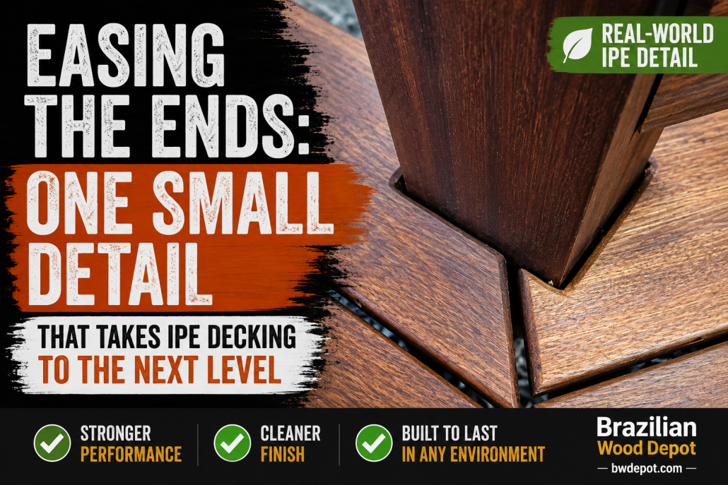 Close-up of eased Ipe decking board ends around a hardwood post creating cleaner butt joints and smoother transitions on a premium Brazilian hardwood deck.