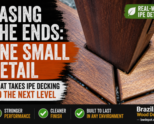 Close-up of eased Ipe decking board ends around a hardwood post creating cleaner butt joints and smoother transitions on a premium Brazilian hardwood deck.