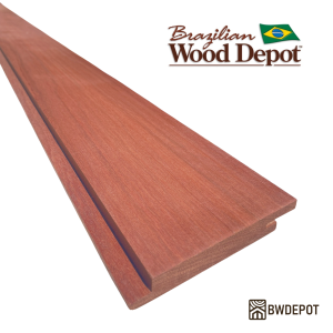 Premium Massaranduba RainScreen siding board profile from Brazilian Wood Depot (BWDepot.com) featuring hidden-fastener design and rich reddish-brown hardwood.
