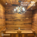 Interior wall clad with Tigerwood hardwood featuring bold tiger-striping and natural grain