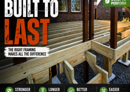 Pressure-treated deck framing with joists, beams, and posts built to support a long-lasting hardwood deck.