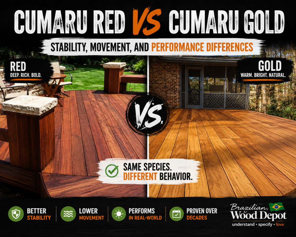 Cumaru Red vs Cumaru Gold decking comparison showing color, stability, movement, and real-world performance differences.